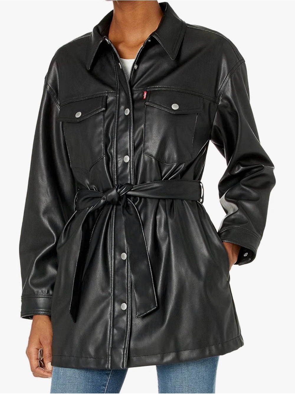 Levi's Women's Black Faux Leather Belted Shirt Jacket